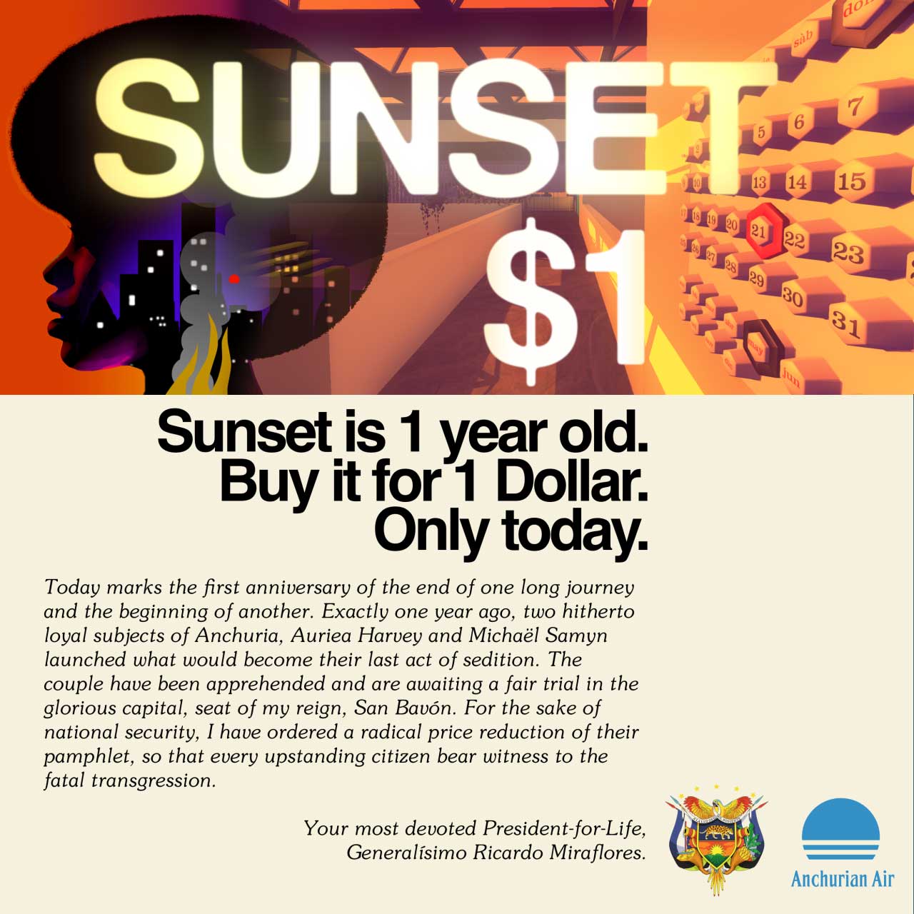 Sunset 1 year 1 Dollar 1 day